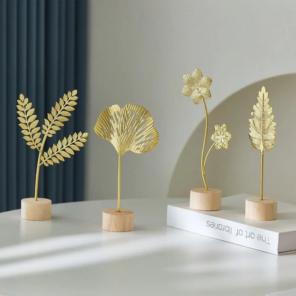 Wood Base Ginkgo Leaf Ornament Gold Green Iron Art Desktop Handicrafts Hollow Out Leaves Photo Props Tabletop Decoration
