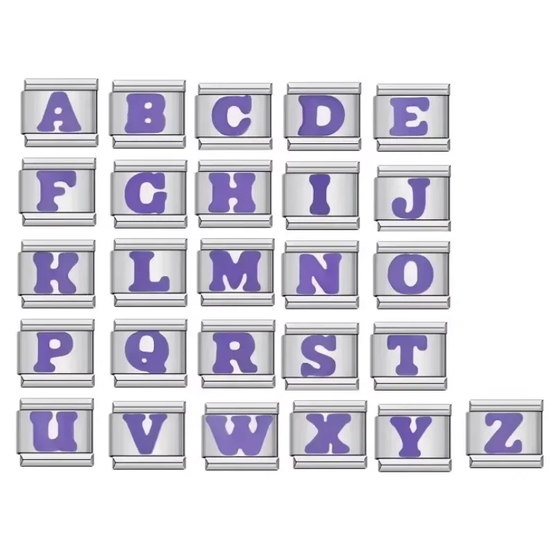 

Y2k Purple Color 26 English Letters Italian Charm Fashion Links Fit 9mm Bracelet Stainless Steel DIY Jewelry Making Wholesale