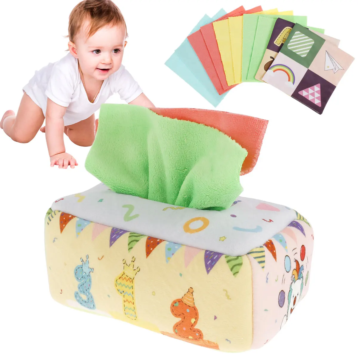 Baby Tissue Box Toy Sensory Crinkle Tissue Box Magic Tissue Box for Babies with Digital Graphics Development Fine Motor Skills