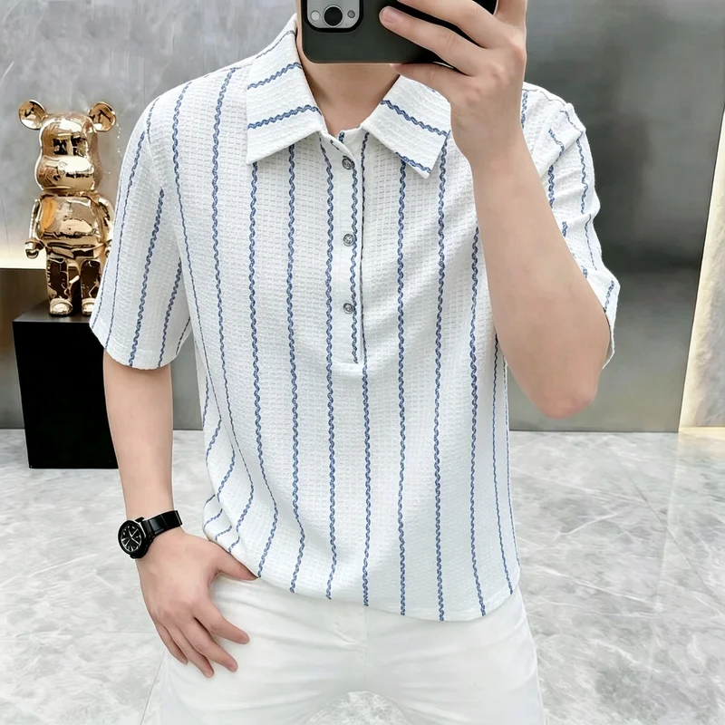 Summer New Style Men's Old Money Style Striped Short-Sleeved Polo Shirt with Collar T-Shirt- American