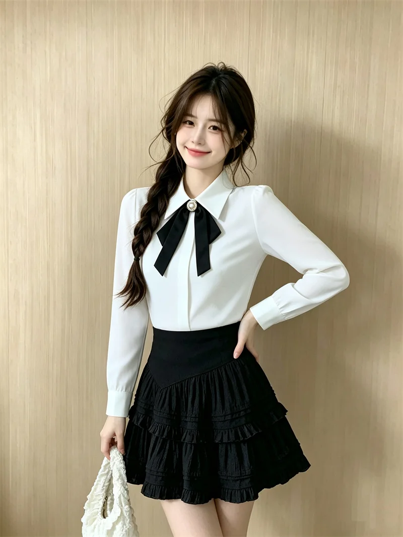 Women White Chiffon Blouse Long Sleeve Lapel Collar Detachable Bow Decor Elegant Office Commuter Work Shirt Top Early Autumn