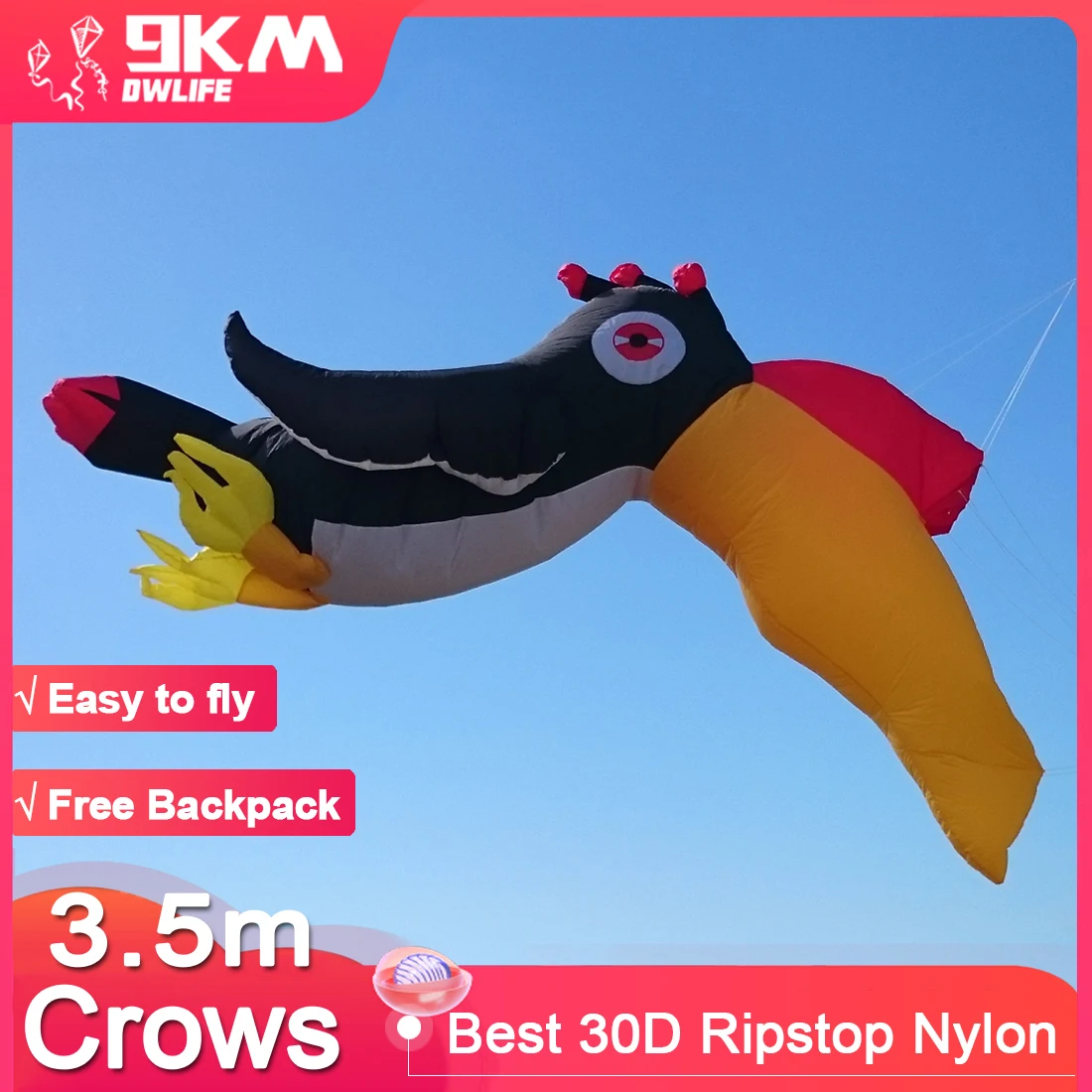 9KM 3.5m Raven Kite  Line Laundry Kite Soft Inflatable 30D Ripstop Nylon for Kite Festival with Bag (Accept wholesale)