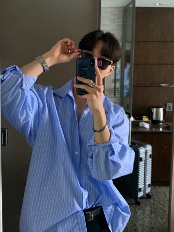 

Blue Vertical Stripes Casual Long Sve Men's irt TANGZ STUDIO Spring Autumn Loose Fit Korean Sle Versatile Haome