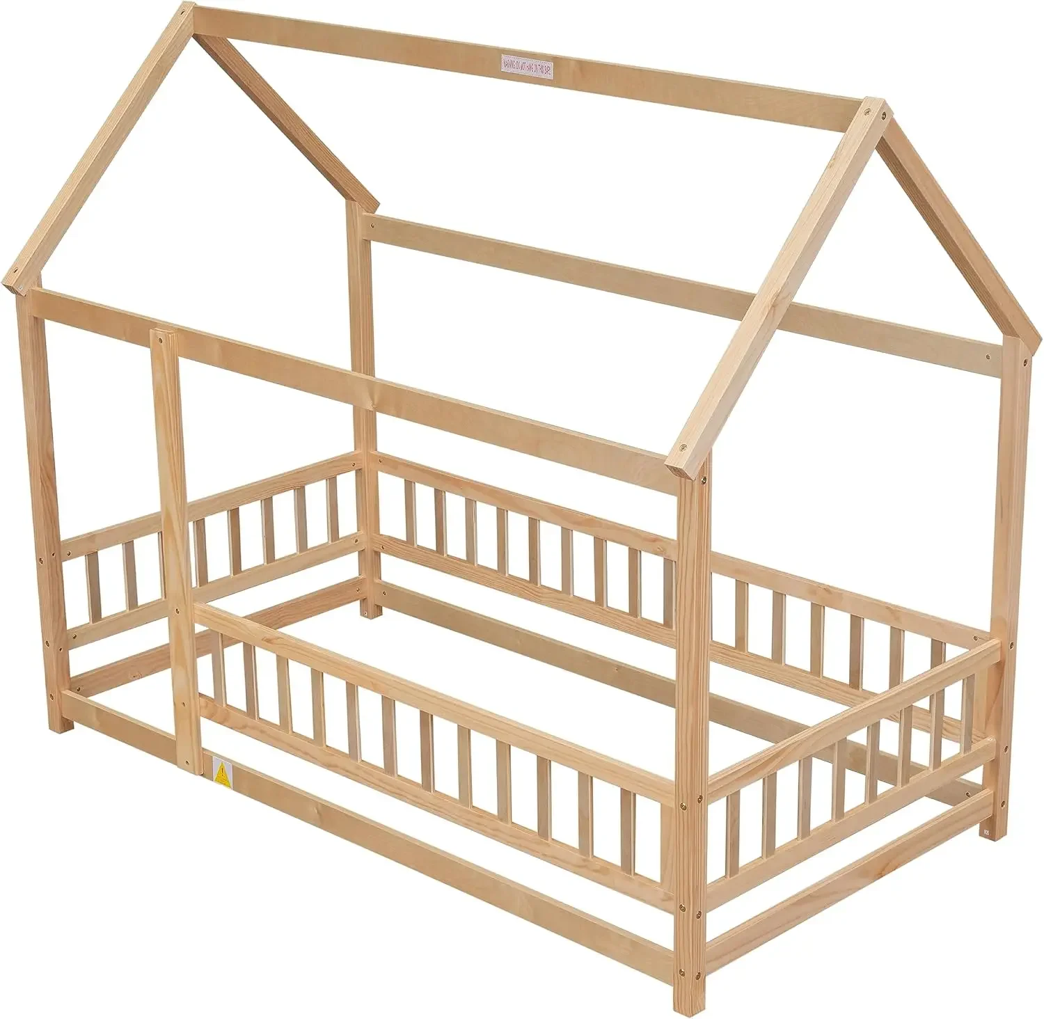 Size House Bed for Boys, Girls, Wooden Montessori Bed with Fence and Roof,Easy to Assemble,No Box Spring Needed, Natural