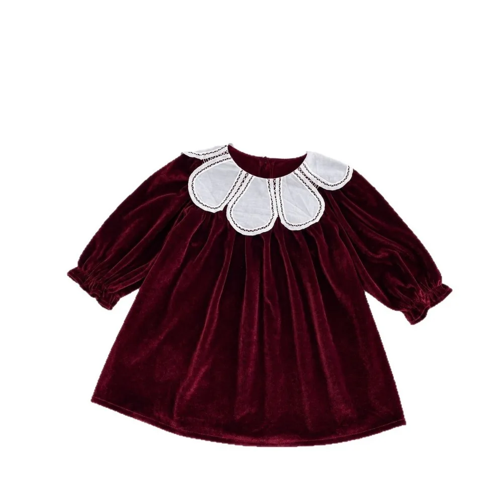 2026 New Girls Burgundy Velvet Dress, Petal Collar Long Sleeve Elegant Princess Dress For Toddler Baby Kids  for 80-130cm
