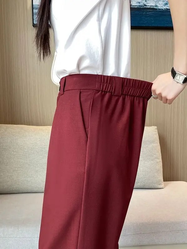 Red 7-point Straight Suit Pants For Women's Summer Thin High Waisted Versatile Casual Harlan Pants