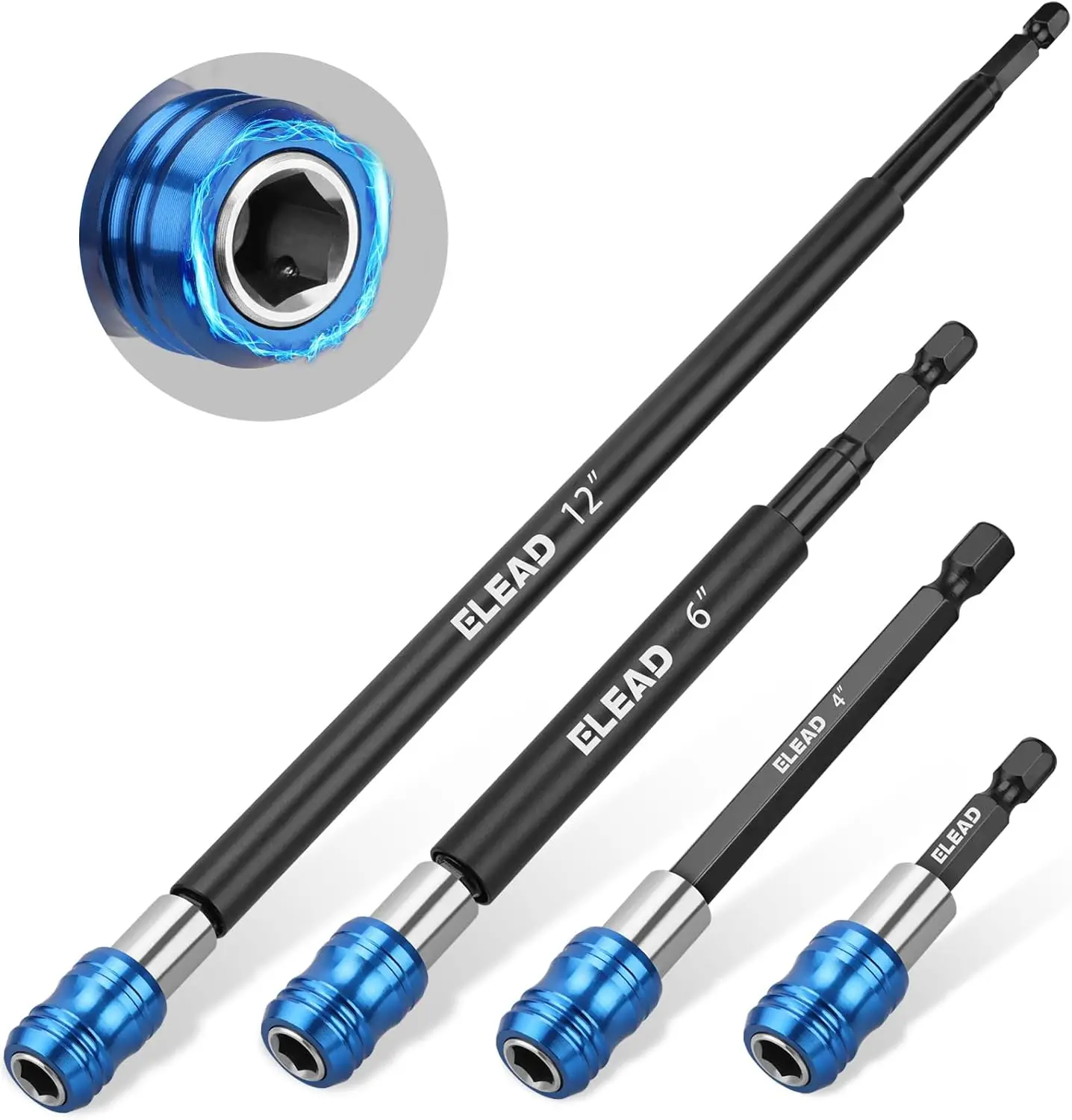 

4-Piece Drill Bit Extension Set, 2-12 Inch Sizes, Magnetic Holder with Aluminum Sleeve, 1/4 Inch Hex Shank Quick Release