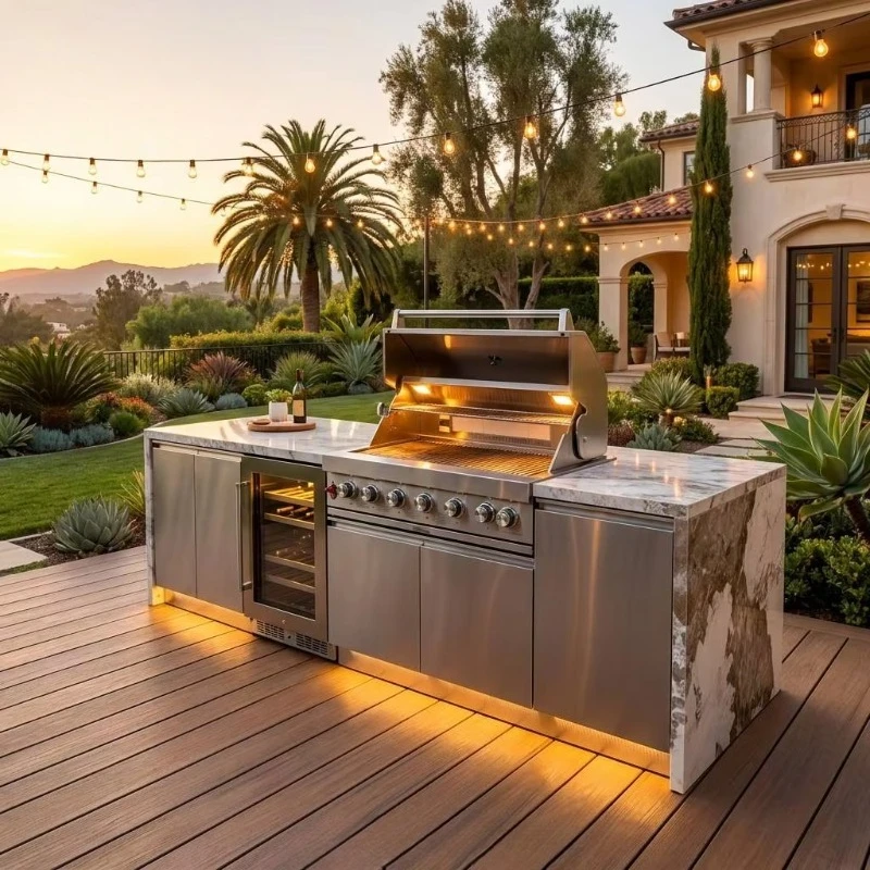 Premium Stainless Steel Outdoor Kitchen Grill Island with Built in 4 Burner Barbecue Gas Stove and Storage Drawers