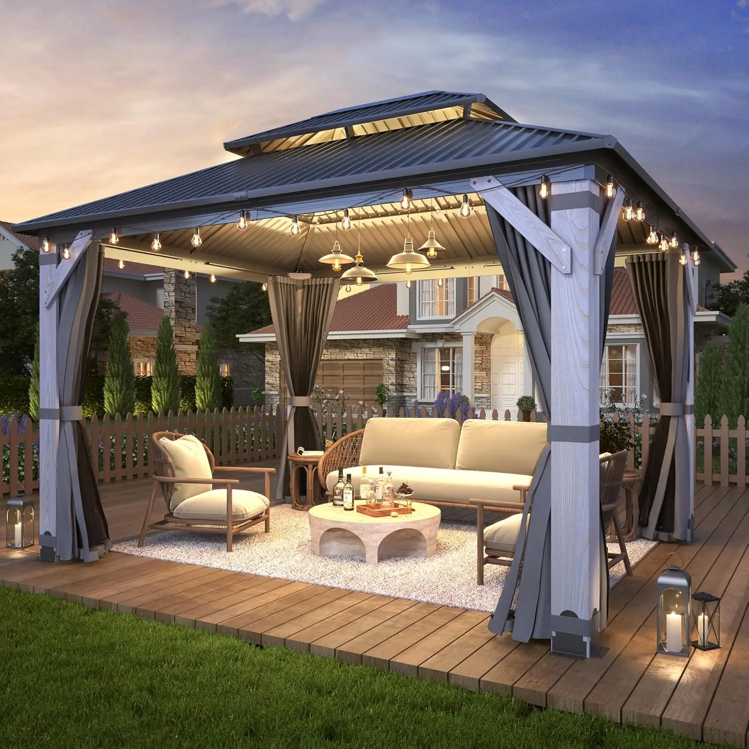 

10' X 12' Outdoor Wood Gazebo ,Wooden Hardtop Gazebo Pavilion with Double Curtains, Galvanized Steel Roof Cedar Wood Gazebos