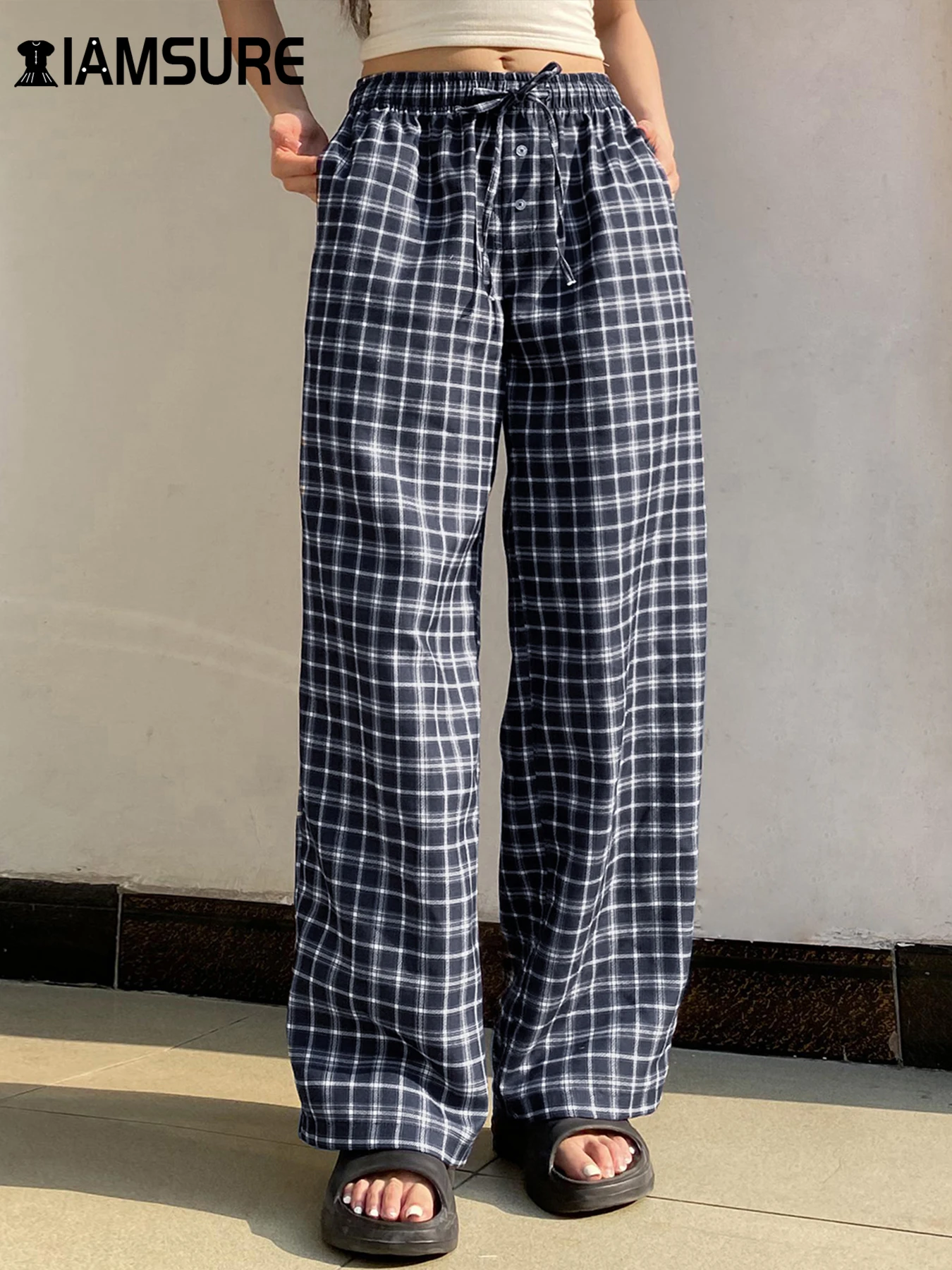 IAMSURE Casual Plaid Wide Leg Pants Basic Bandage Mid-Waisted Straight Pants Women 2024 Autumn Spring Fashion Streetwear Lady