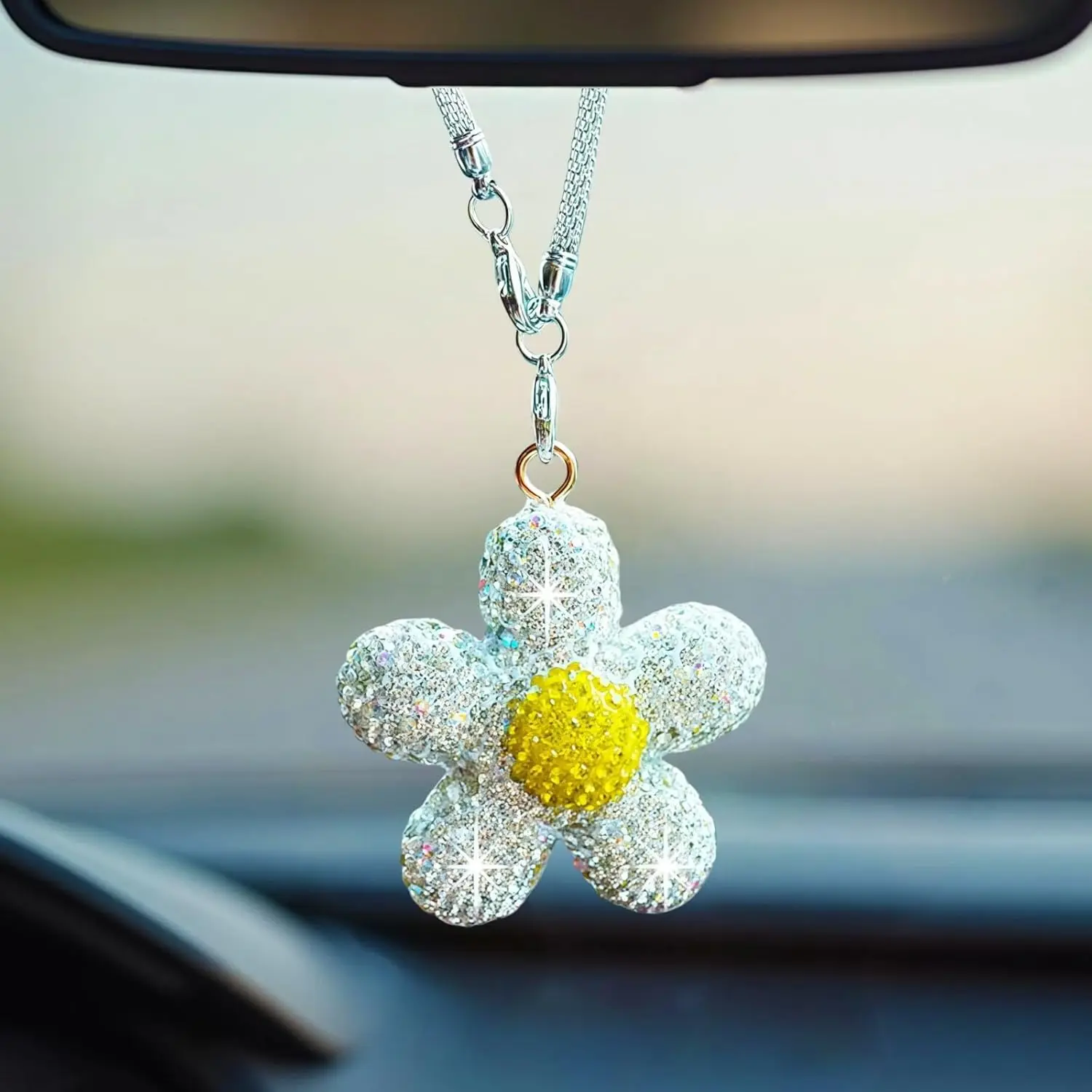 

Sparkly White Flower Pendant for Car Rearview Mirror, Cute Crystal Decor Charm, Elegant Automotive Interior Accessory