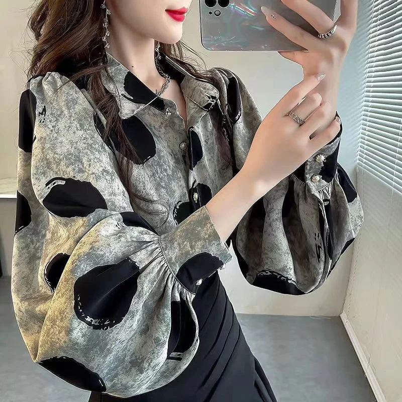 Spring Autumn Polo-neck Loose Casual Dot Printing Shirt Women Lantern Long Sleeve Elegant All-match Top Female Cardigan Blouse