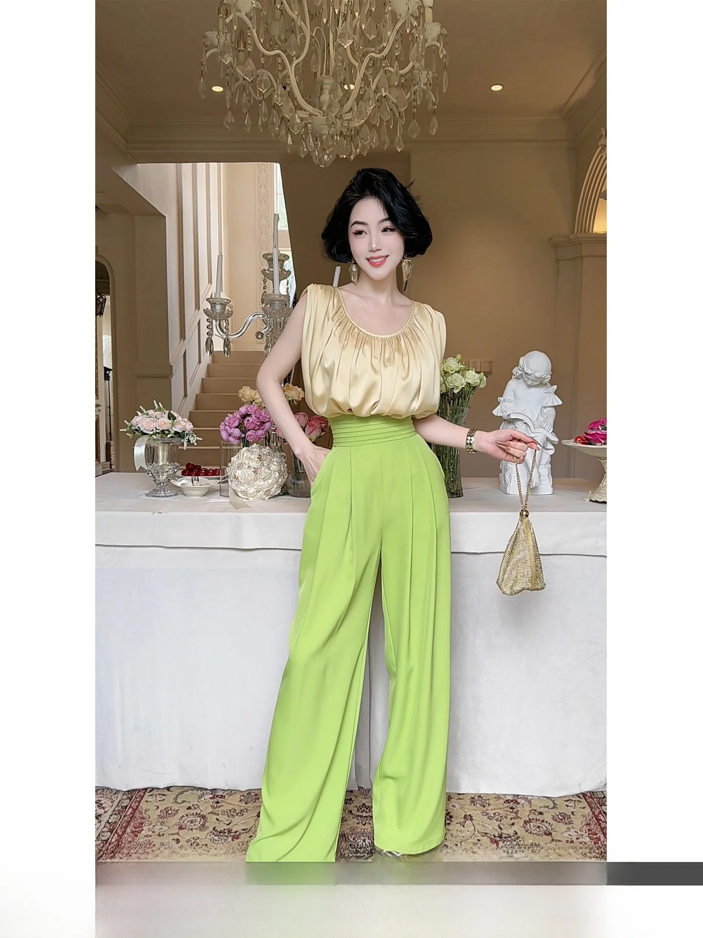 

LYXJ Summer High Waist Wide Leg Pants Women's Thin Accordion Pleat Casual Trousers Straight Cut Loose Fit Long Polyester
