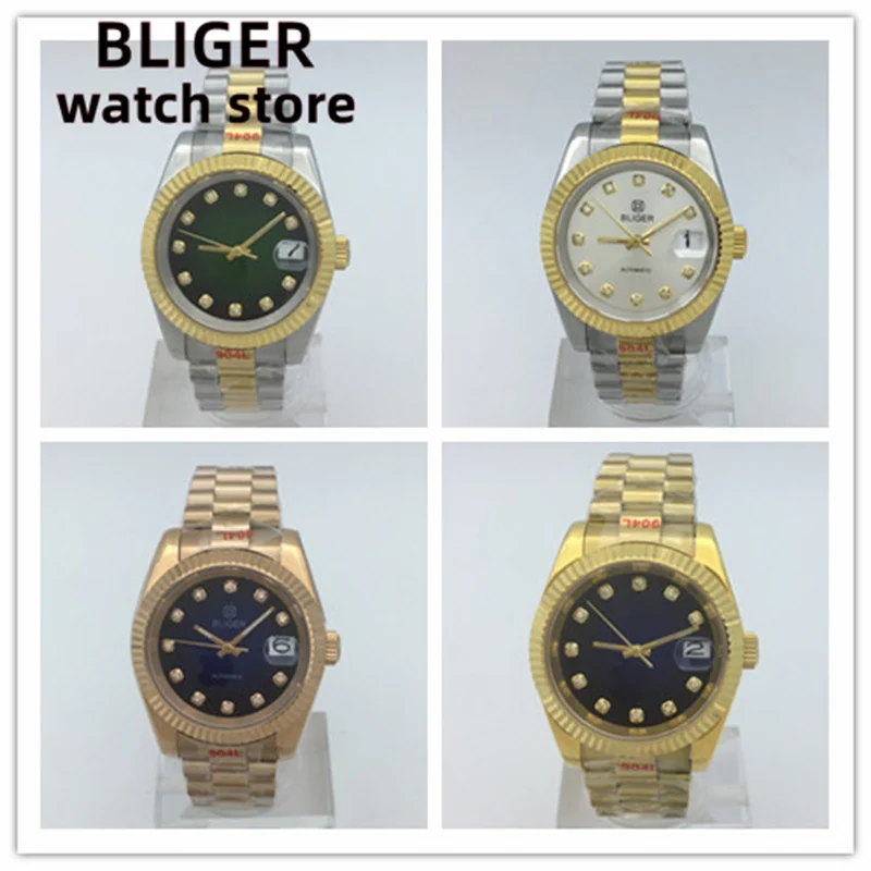 

36MM39MMNH35A Movement Men's watch Recessed bezel Blue Green white Black Diamond index dial sapphire glass President strap