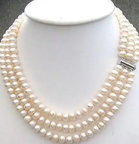 

Wholesale price 16new ^^^^7-8MM 3 row nobler Cultured White Pearl Necklace