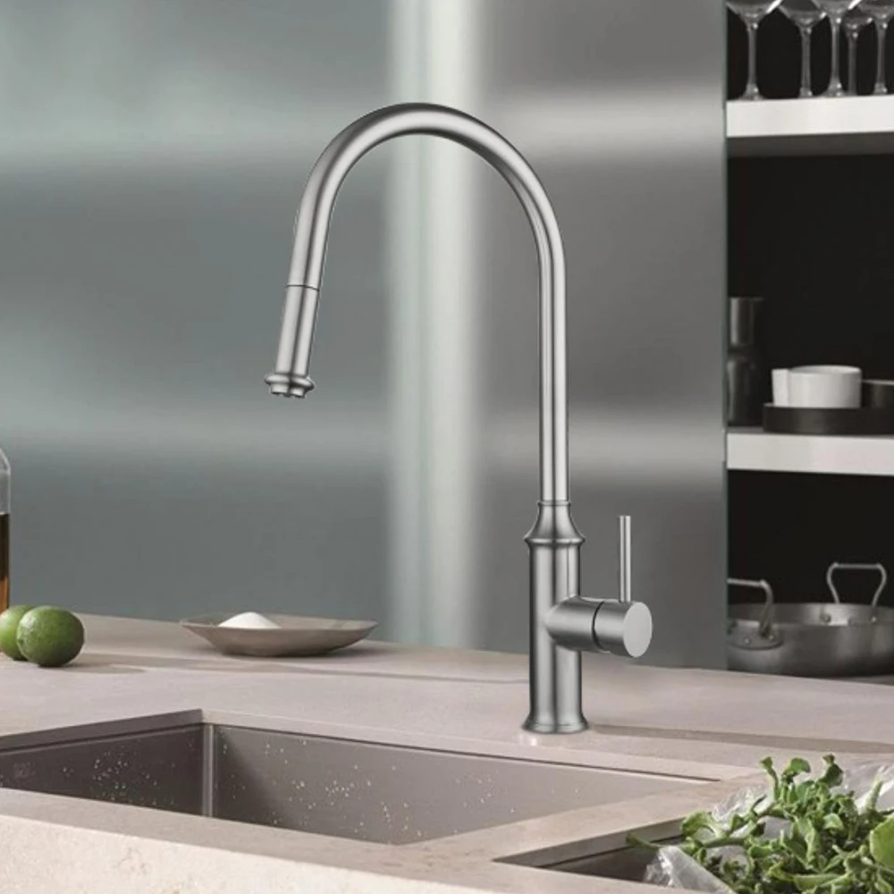 

Kitchen Basin Faucet Taps Material Stainless Steel Mixer Water Cold & Hot 60cm Hoses Pull Out 360 Rotation Single Handle