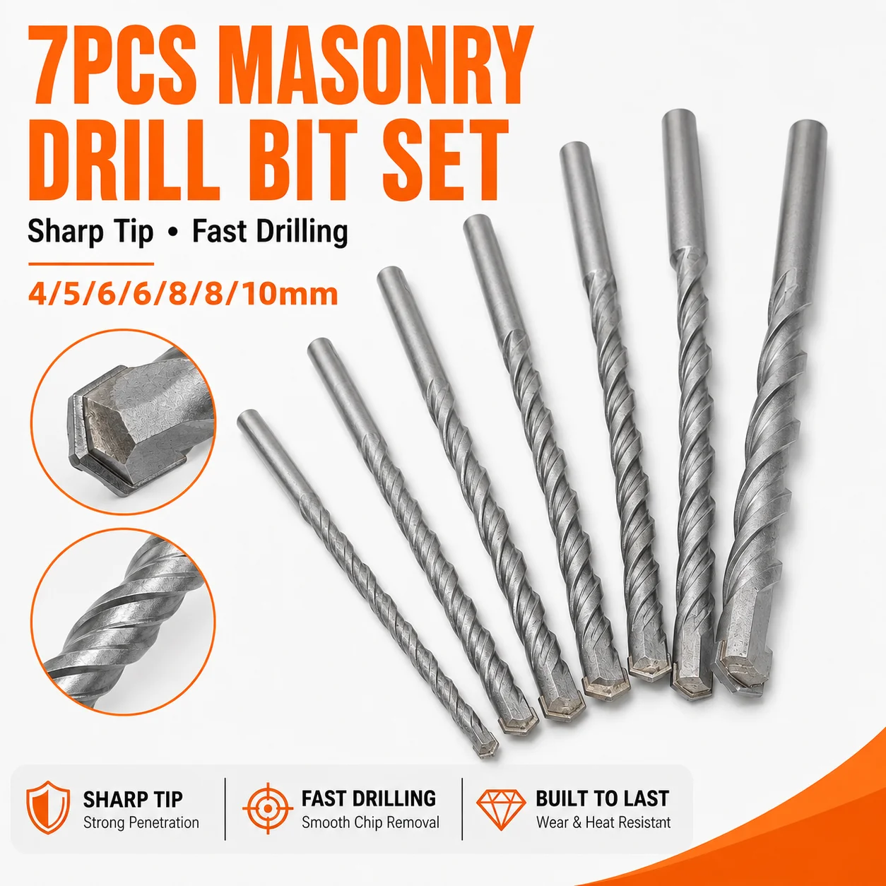 7PCS Concrete Masonry Drill Bits Set, Spiral Flute Tungsten Carbide Tip for Brick Block Drilling