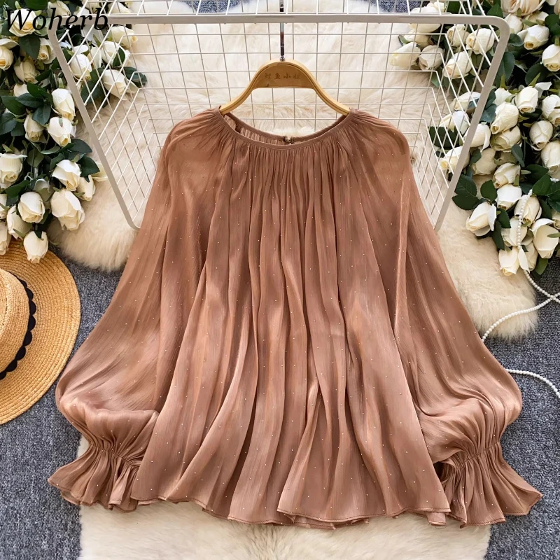 Blusas de Pedrería para Mujer, Ropa con Cuello Redondo, Manga Acampanada, Camisas Holgadas, Moda Coreana, Blusas Holgadas, Tops 2026, Blusas Mujer de Moda