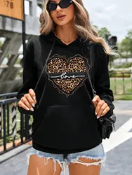 Sudadera con capucha con estampado divertido de leopardo y amor para mujer, ropa de calle informal con dibujos animados, ropa holgada a la moda, Sudadera con capucha cómoda que combina con todo