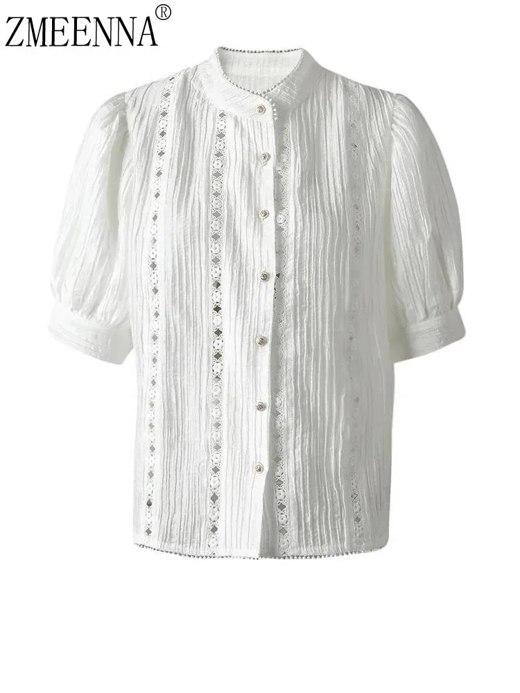 

ZMEENNA Women's Elegant White Stand Collar Puff Sleeve Blouse Casual With Delicate Lace Trim Stylish Summer Top ZM3294