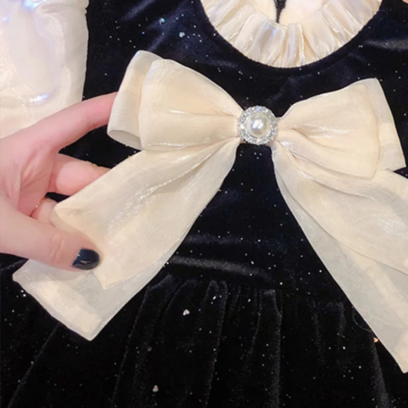 Girls Princess Black Velvet Dress Spring Autumn Clothes Sequin Children Clothing Baby Kids Bow Fashion Tulle Sleeves Dresses