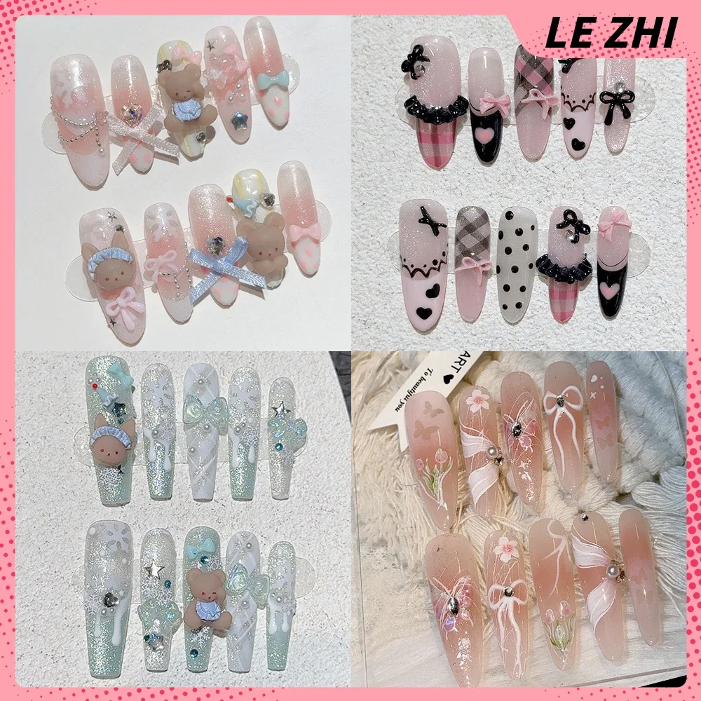 

Cartoon Little Bear Cute Press On Nails Art Long Coffin Pink Blush Smudging Design Pearl Bow Handmade France False Nails Gift