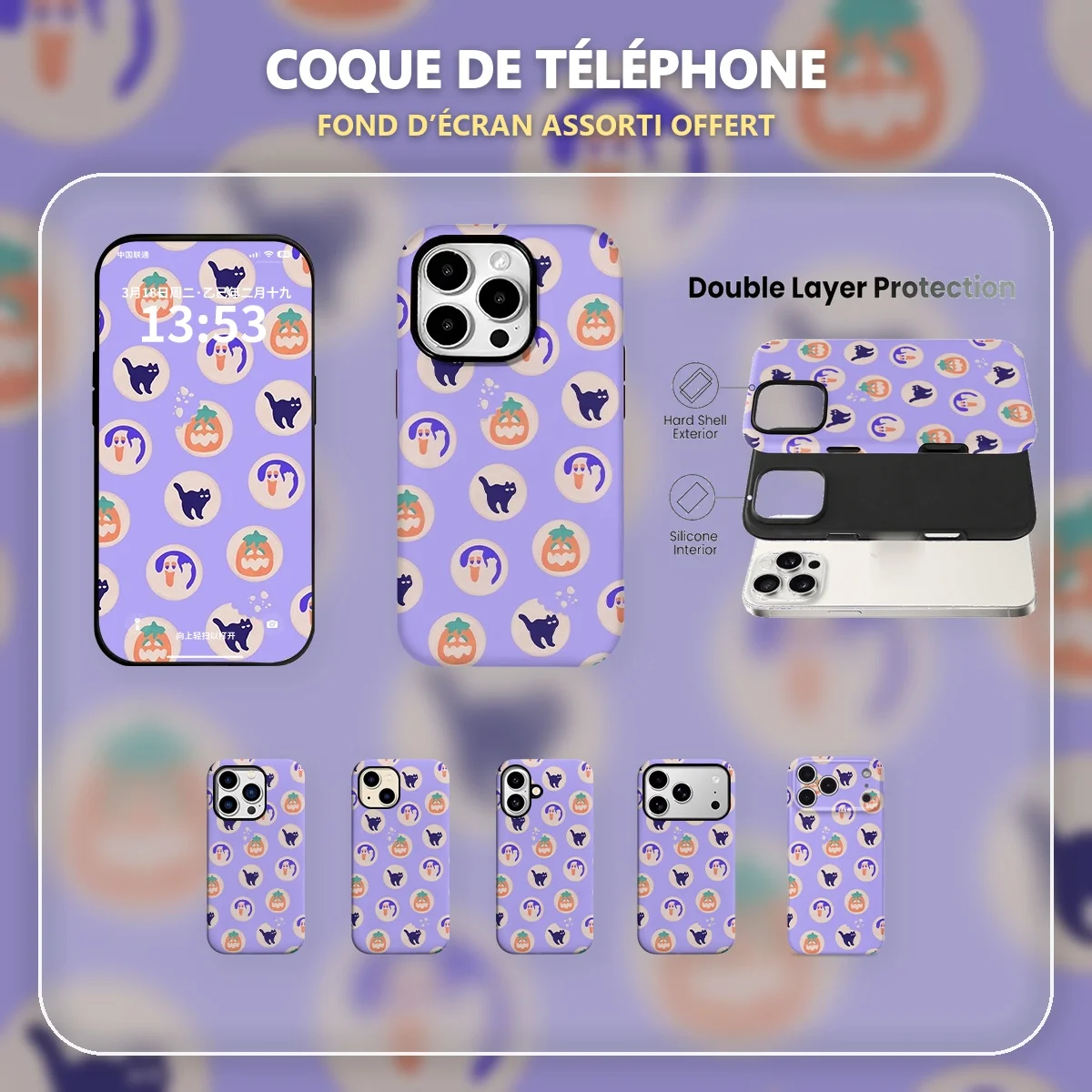 Halloween motif icônes halloween mignon Coque de Téléphone pour iPhone 17 16 15 14 Pro Max Plus Mini iPhone Air Double Couche