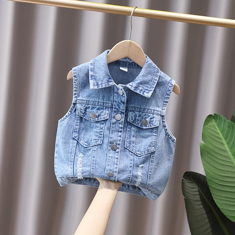 2024 Spring and Autumn Boys Fashion Cartoon Pattern Flip Collar Button Pocket Denim Vest Coat Children\'s Clothing 1-8y