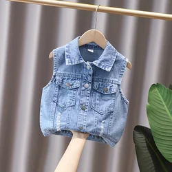 2024 Spring and Autumn Boys Fashion Cartoon Pattern Flip Collar Button Pocket Denim Vest Coat Children's Clothing 1-8y