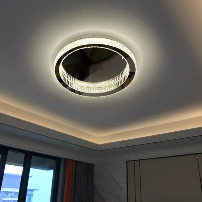Modern Luxury Crystal LED Ceiling Light Living Room Kitchen Island Lamp Stainless Steel Round Chrome Ceiling Lighting Fixtures