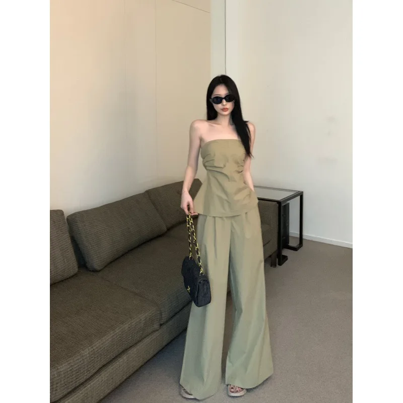 Spicy Girl Pleated Waistband Strapless Vest Women's Summer Short Top Loose High Waist Slimming Wide Leg Pants Two-piece Set