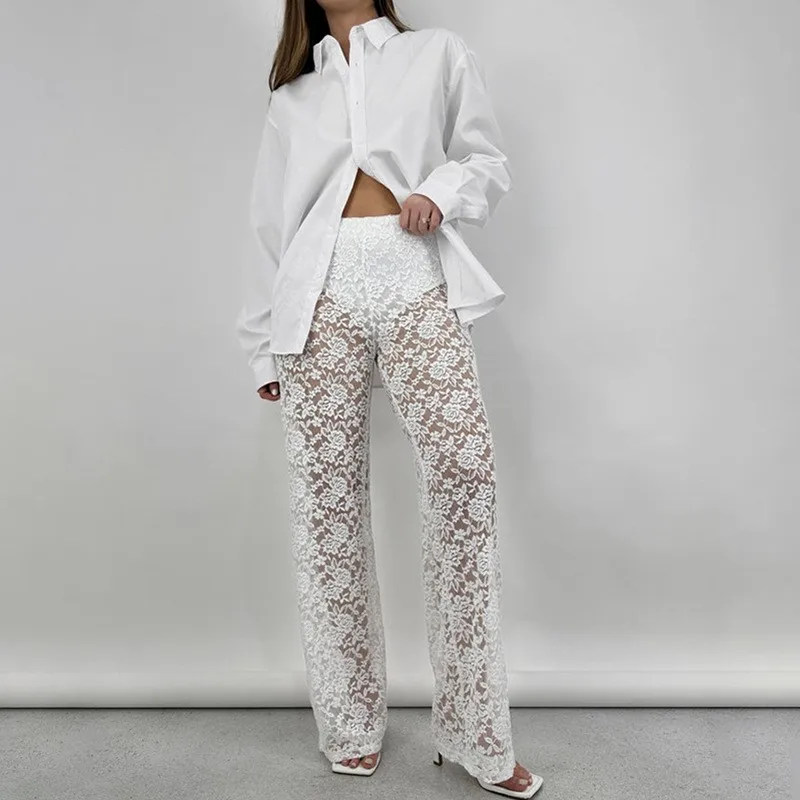 Sexy See Through Lace Hollow Out Women Pant White Black High Waist Wide Leg Female Summer Casual Streetwear Club Straight Pants