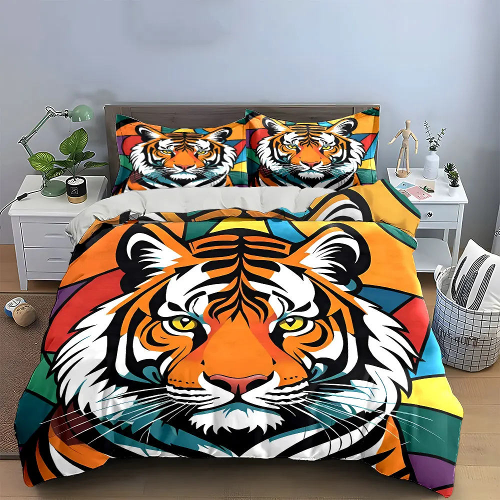 

Colorful Tiger Art Decor Set Bedding Set with 1 Duvet Cover 2 Pillowcases Single Double King Queen, Gift