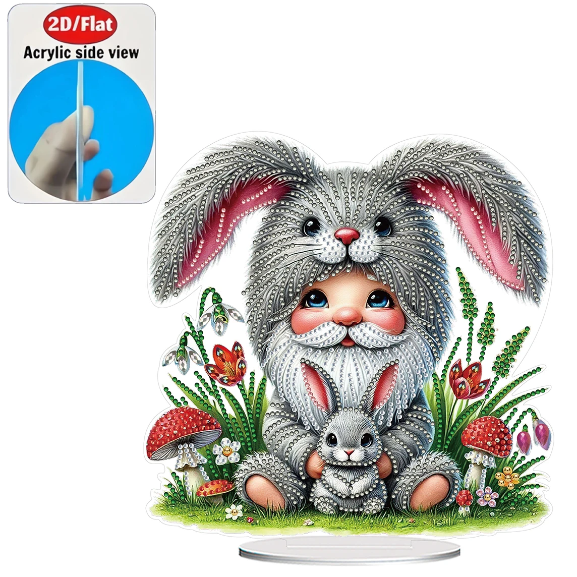 2D / Flat 1pc Bunny Fluffy Gnome Acrylic Welcome Plaque Diamond Painting Desktop Ornament Set, Shiny Wall Decor, Holiday Gift
