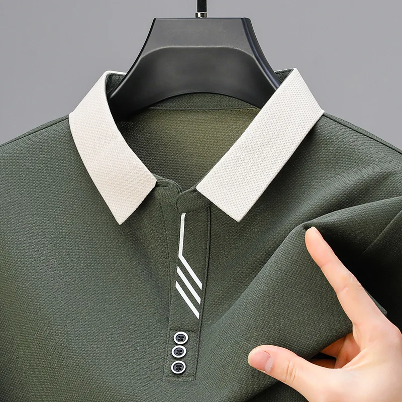 2024 Men's Short-sleeved POLO Shirt New Ice Silk Lapel Waffle T-shirt Loose Casual Breathable Tops