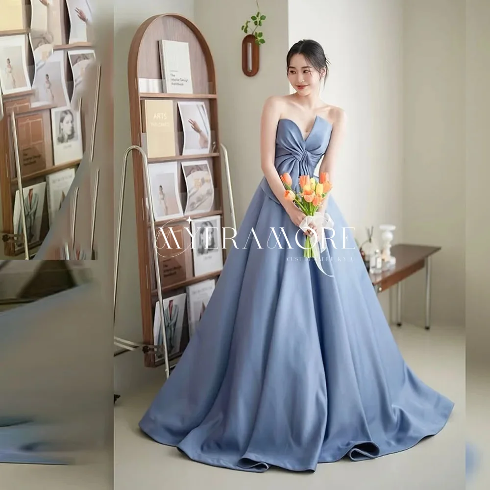 

Strapless Princess A Line Evening Dresses Korea Photo Shoot Dusty Blue Wedding Party Dress with Train Prom Gowns Customized