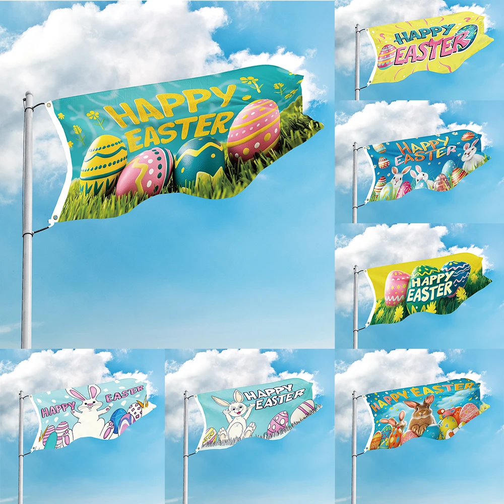 Fröhliche Oster-Flagge Festival-Feier Weißer Hase Eierschale Osterei Farbiges Banner 90*150cm Wandteppich Innen- und Außenbereich Polyester