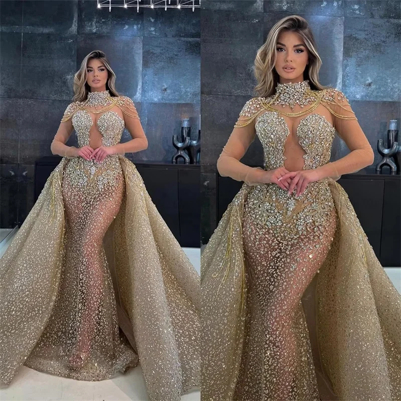 

Удивительное блестящее золотое вечернее платье, прозрачные сексуальные платья знаменитостей, индивидуальные платья для помолвки на день рождения со съемным шлейфом