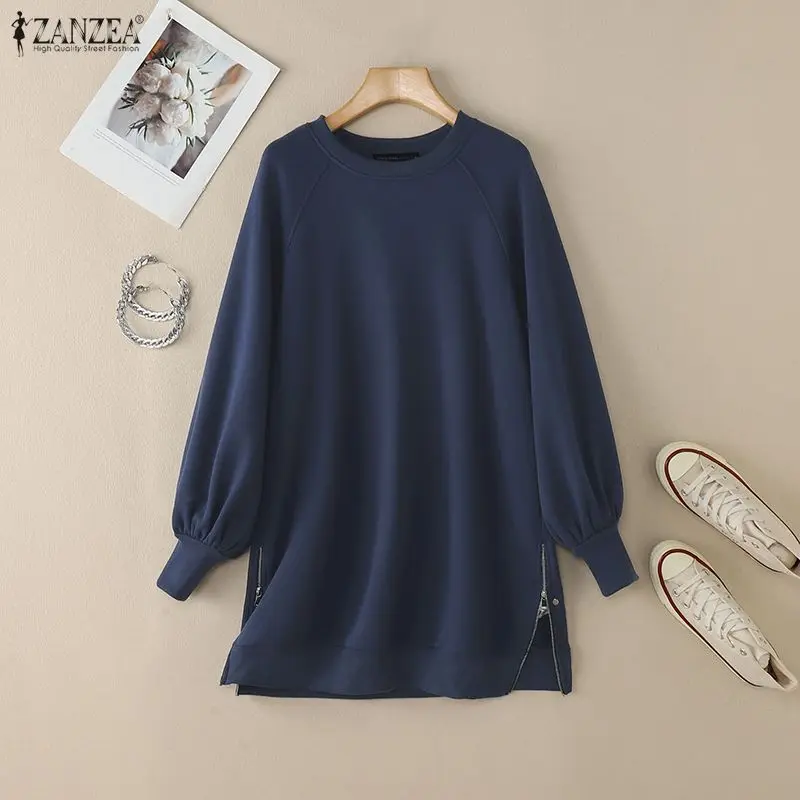 

ZANZEA женские толстовки большого размера, модные пуловеры с круглым вырезом и рукавами реглан, молния с боковым разрезом, минималистичный пуловер, топы, женская одежда