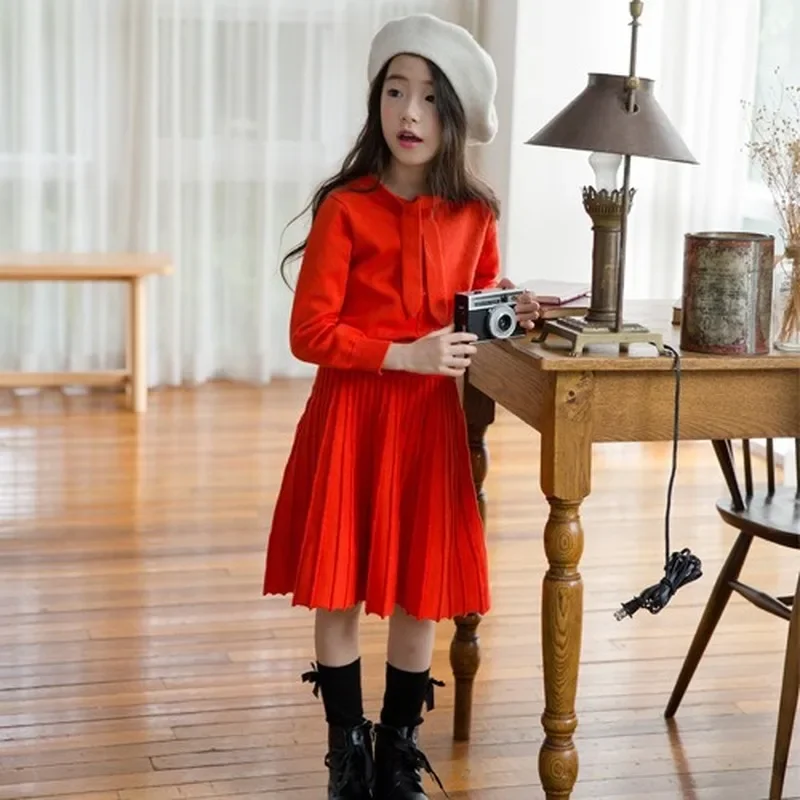 Korean Version of Girls' Fall/winter Big Kids Two-piece Orange Core-spun Yarn Knitted High Elastic Fashion Casual Suit