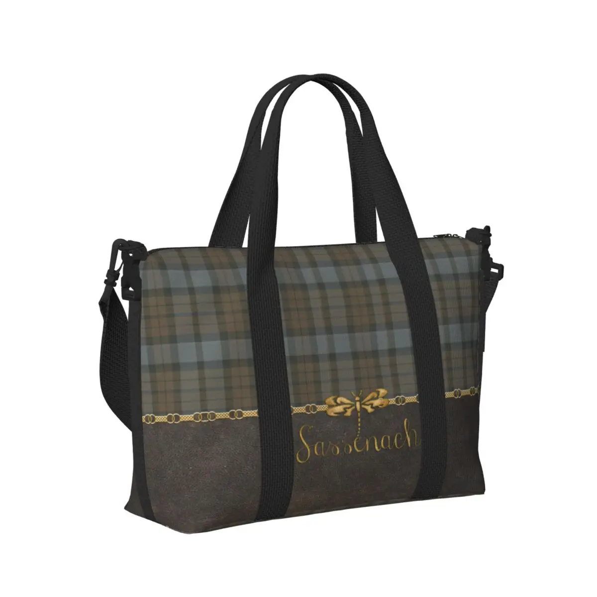 Sac fourre-tout en cuir et tartan personnalisé, motif libellule Sassenach, grande capacité, carreaux modernes, sacs de voyage à carreaux Bergame, salle de sport, plage