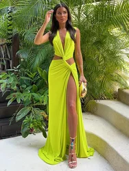 BWQ White Dresses for Women Green Irregular Chic V-neck Slit Cut Hollow Out High Waist Sexy Dresses Fashion Summer Dresses