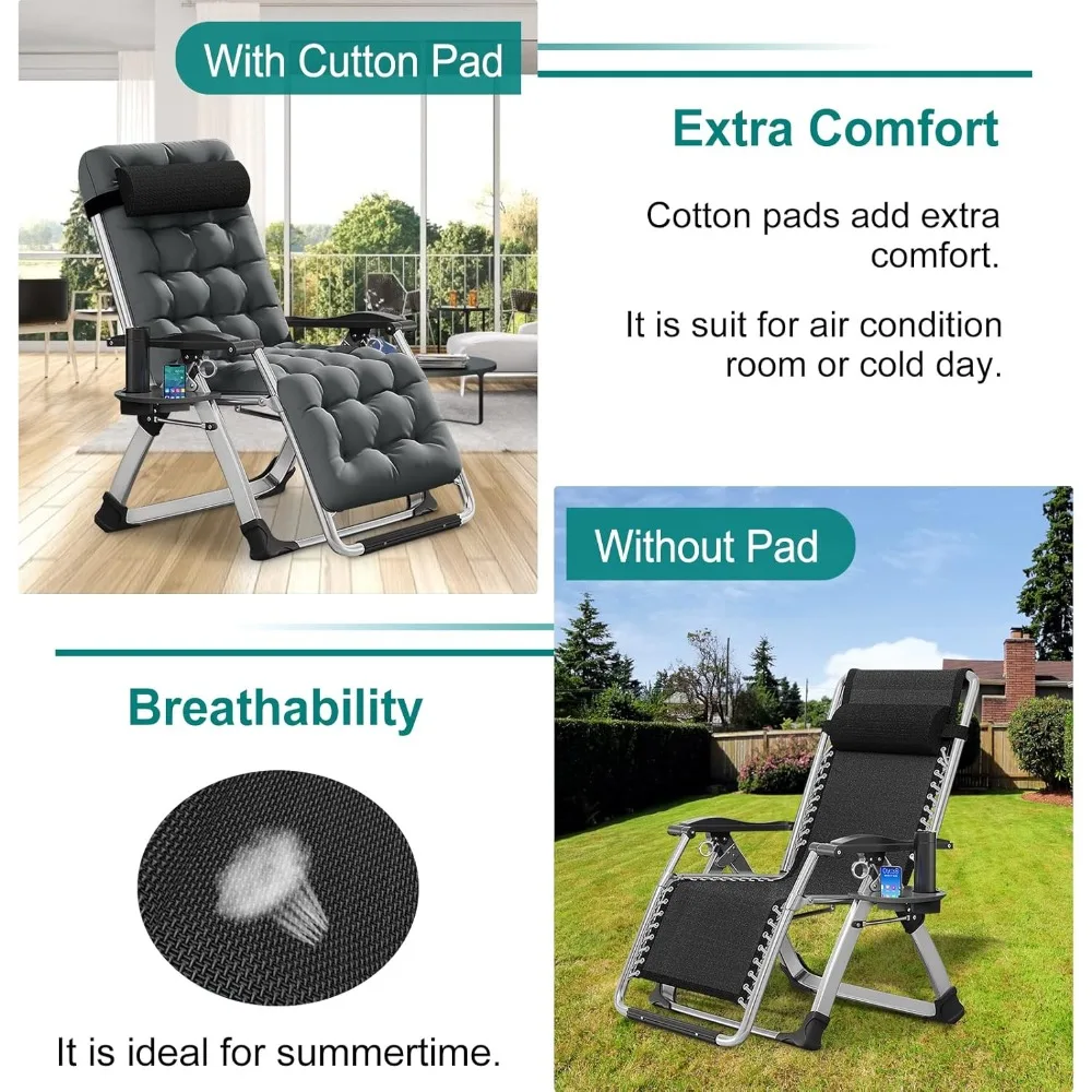 Zero gravity chair, lawn lounge chair, reclining terrace lounge chair, foldable portable lounge chair with detachable cushion