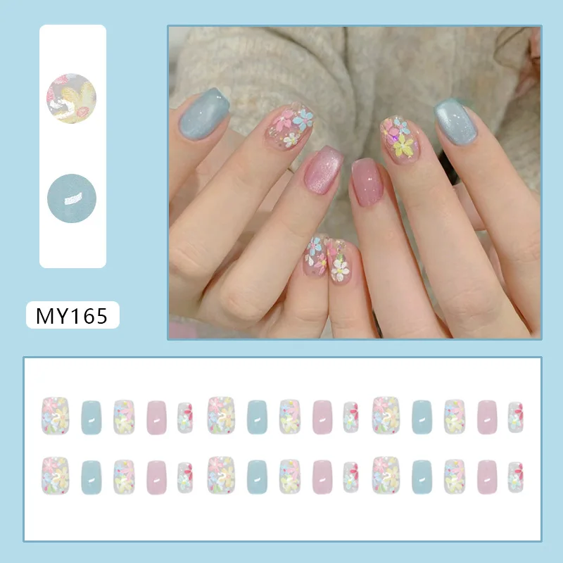 

24pcs Short Oval Press on Nails Spring Floral Cat Eye Fake Nail Pink Full Coverage Nail Tips for Women&Girl Removable Nail Art