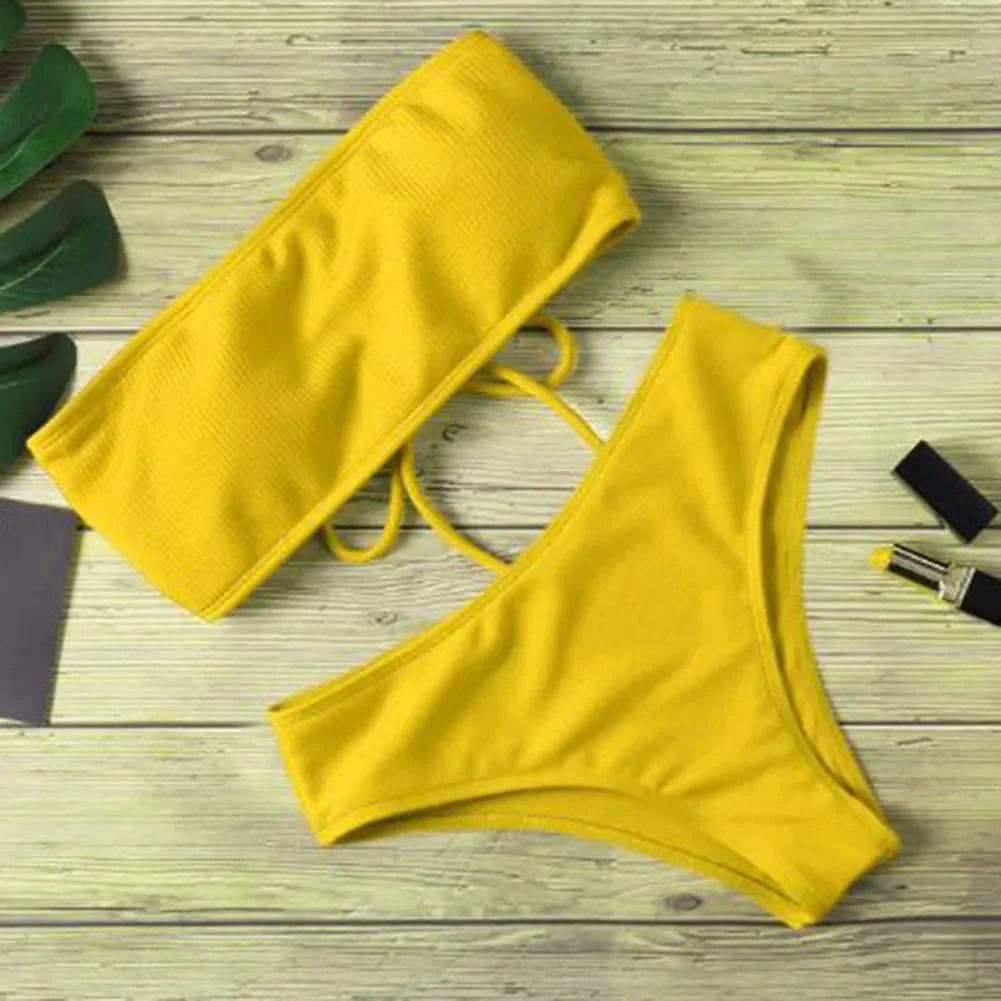 Conjunto de Bikini para mujer, traje de baño para vacaciones, piscina, Regular, Sexy, ligero, elástico, Color sólido, traje de baño de dos piezas