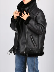 FTLZZ New Winter Women Fashion Moto Biker Thickness Sheepskin Coat Streetwear Lapel Zipper Faux Lamb Leather Jacket with Belt