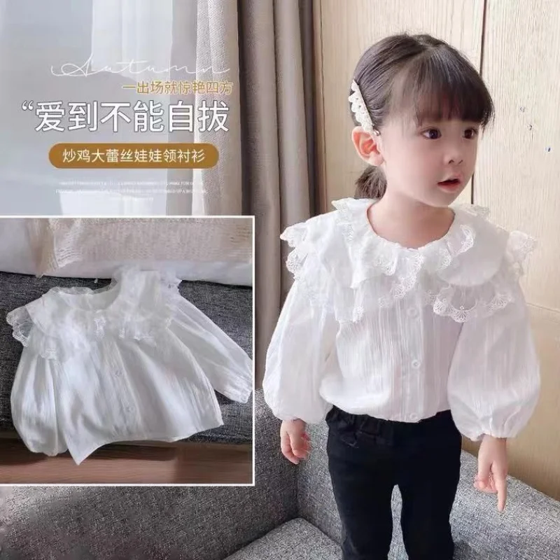 

LYY-2024Girls' Shirt Western Style Lace Large Lapel Shirt Spring New Children's Sweet Top Princess Style