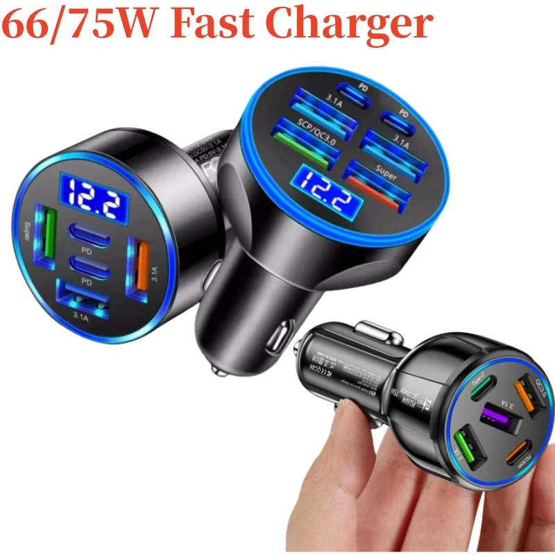 66/75W USB Car Charger Type C Fast Charging Phone Adapter For Xiaomi Samsung iPhone Charger Car Adapter Socket Cigarette Lighter