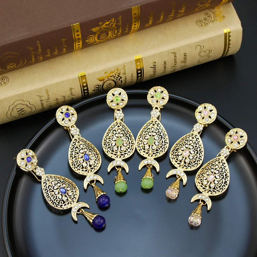 Sunspicems Gold Farbe Marokko Mond Ohrring Frauen Lange Tropfen Ohrring Hohl Arabesque Braut Hochzeit Schmuck Arabisch Ethnische Bijoux