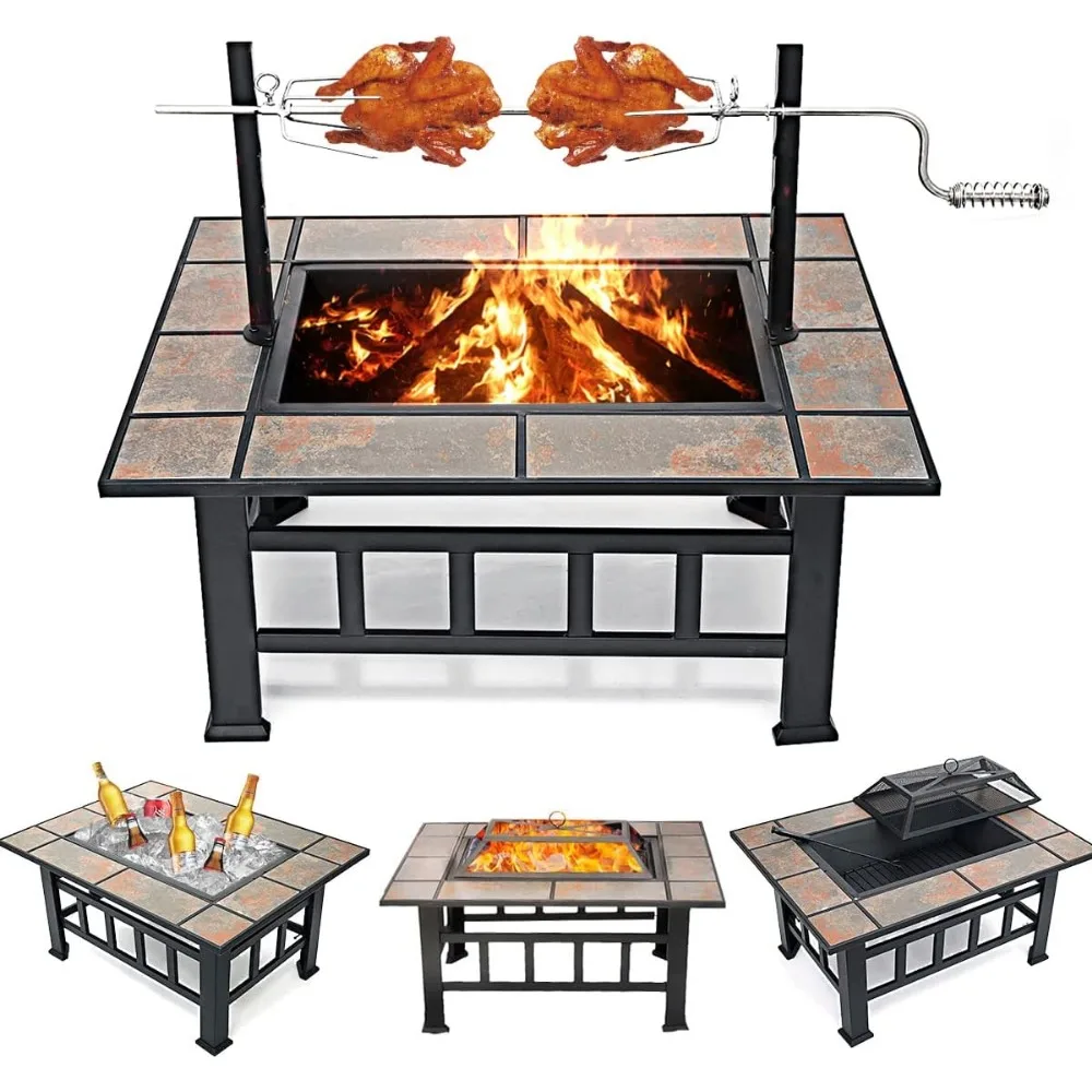 

37 Inch Outdoor Square Wood Burning Fire Pit Table with Grill, Heavy Duty Steel Construction for Bonfire and Cooking